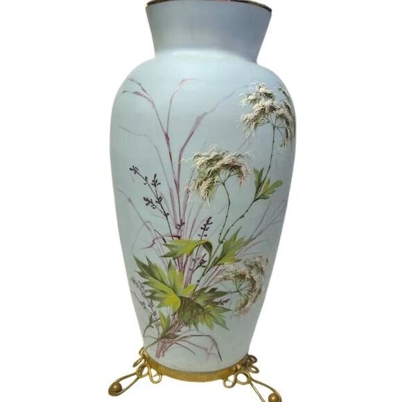 Vintage Japanese Fine Porcelain Light Blue Vase Bouquet Leaves Gold Rim 13"H
